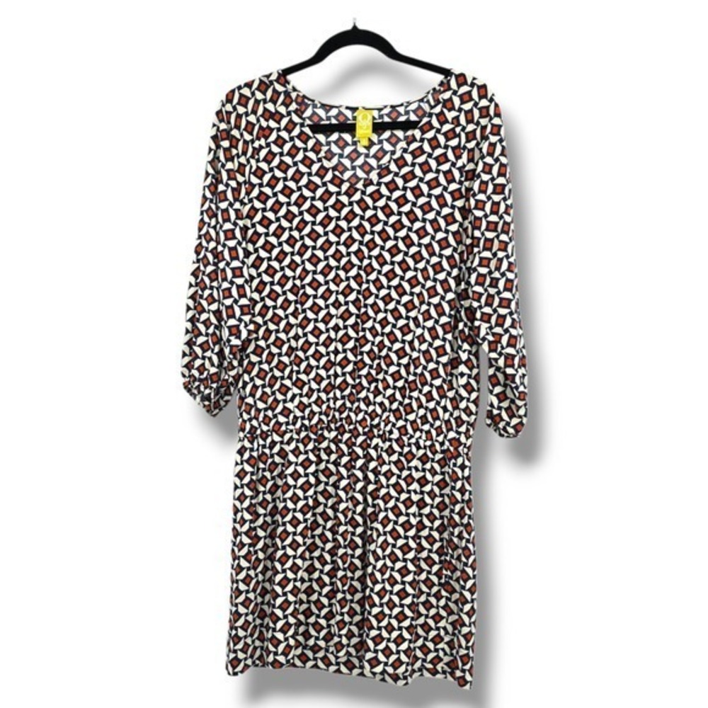 QMack Geometric Print Dress 3/4 Sleeve Elastic Waist Casual Dress Pocket Medium